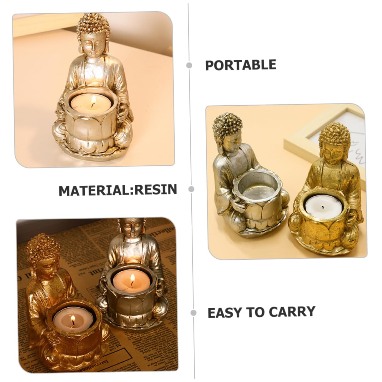 Sosoport 2Pcs Resin Buddha Statue Candle Holder Tealight Holder for Home Living Room Tabletop Decoration for Pub Shop and Restaurant
