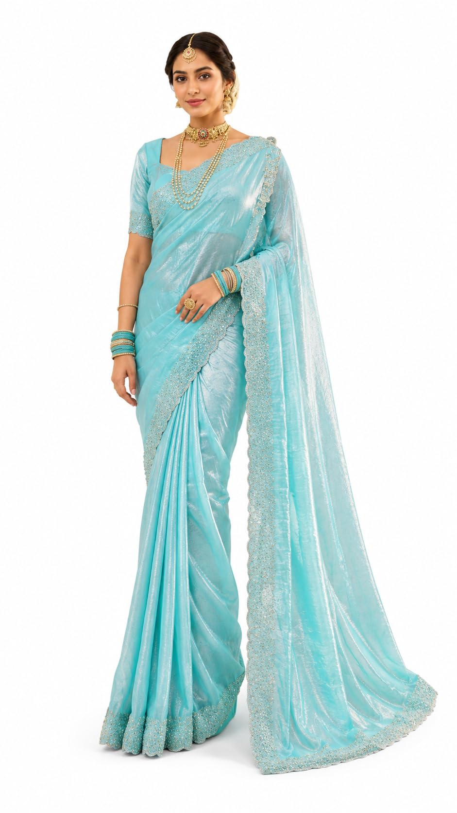 Elegant Aqua Blue Karthana Work Saree with Shimmer Fabric, Heavy Embroidered Border, with Matching Blouse Piece-image-2