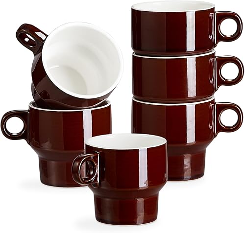 ONEMORE Juego de 6 tazas de café apilables de 8 onzas, tazas demitasse apilables de cerámica con asa, perfectas para café, espresso, té, latte,