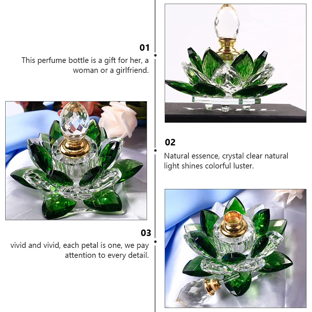 HEALLILY Crystal Perfume Bottle Green Lotus Figurine Empty Dispenser Refillable Essential Oil Vial Container for Home Office