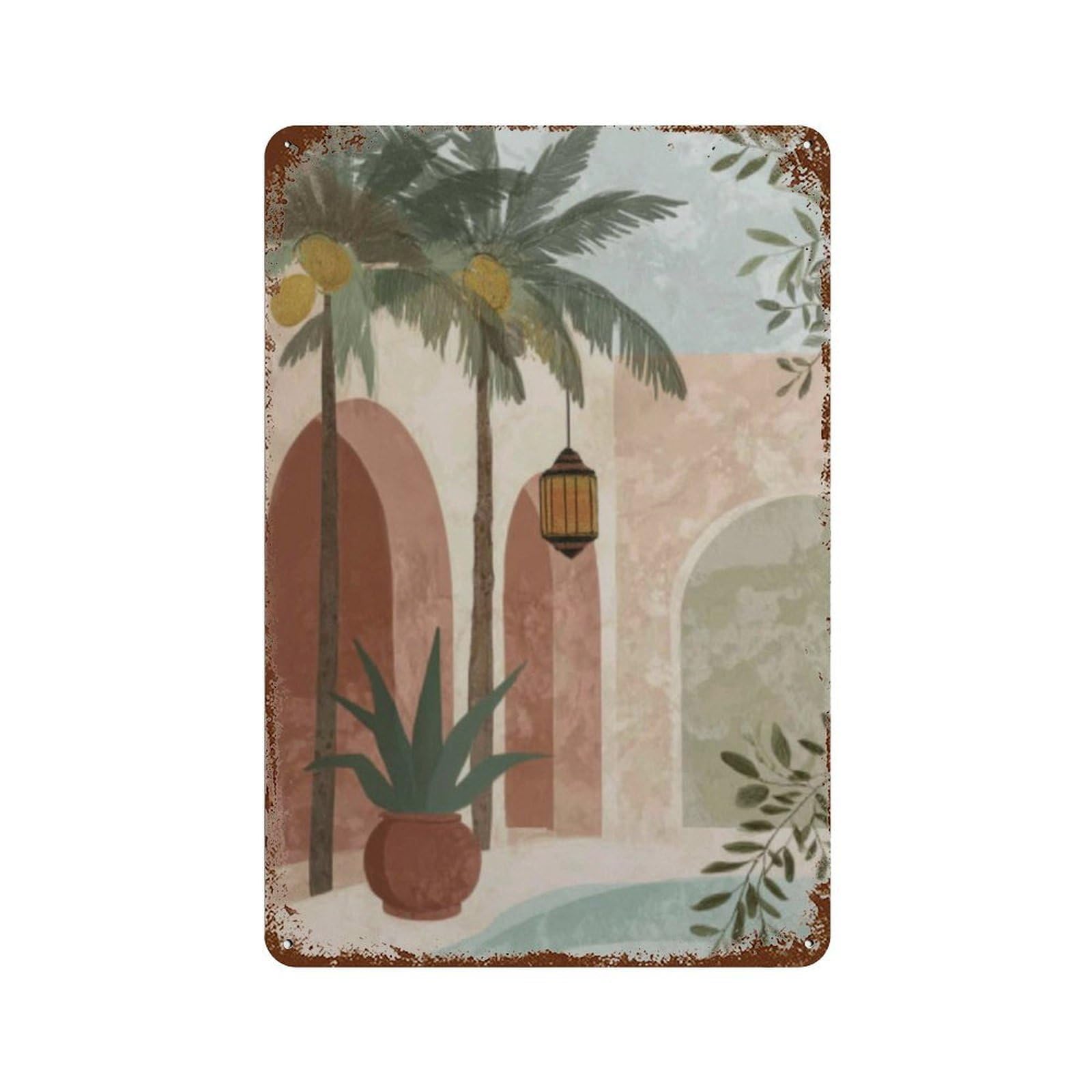 xiaoxiaoshen Desert Courtyard Boho Tropical Moroccan Palm Warm Minimalist Mediterranean Oasis Wall Decor Art Metal Tin Poster Modern Home Decor Art Home Bar Shop Decorations Vintage Sign 30x20cm