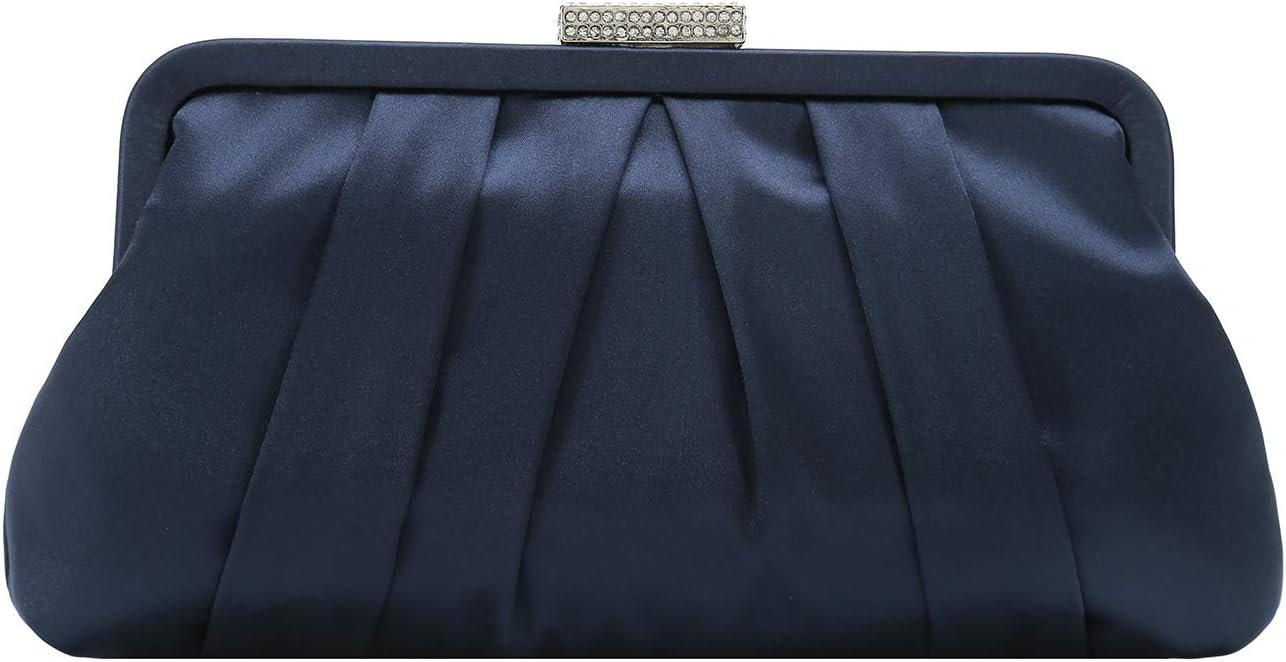 Classic Pleated Satin Clutch Bag Diamante Embellished Formal Handbag for Wedding/Prom/Black-Tie Events
