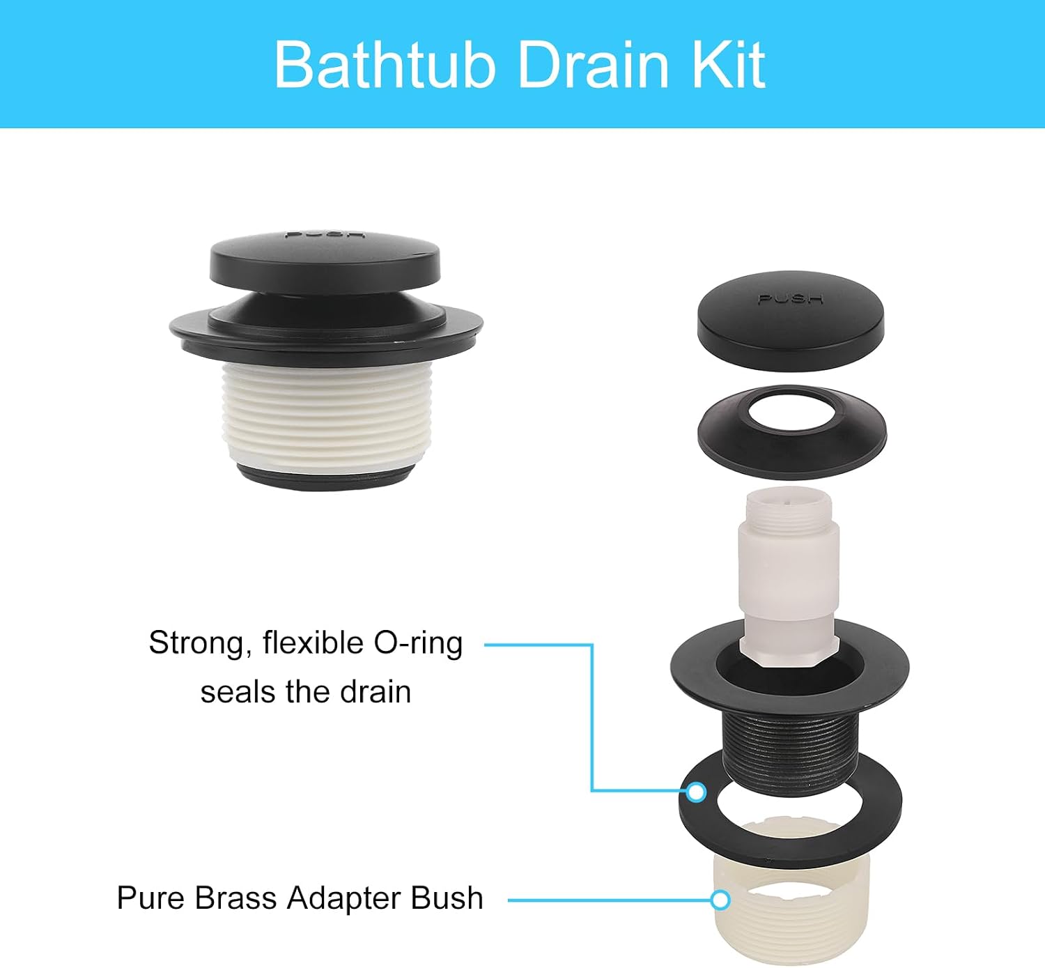 Black Drain Tip-Toe Bathtub Drain Bath Tub Trim Set Conversion Kit | with Single Hole Overflow Faceplate and Basket Strainer