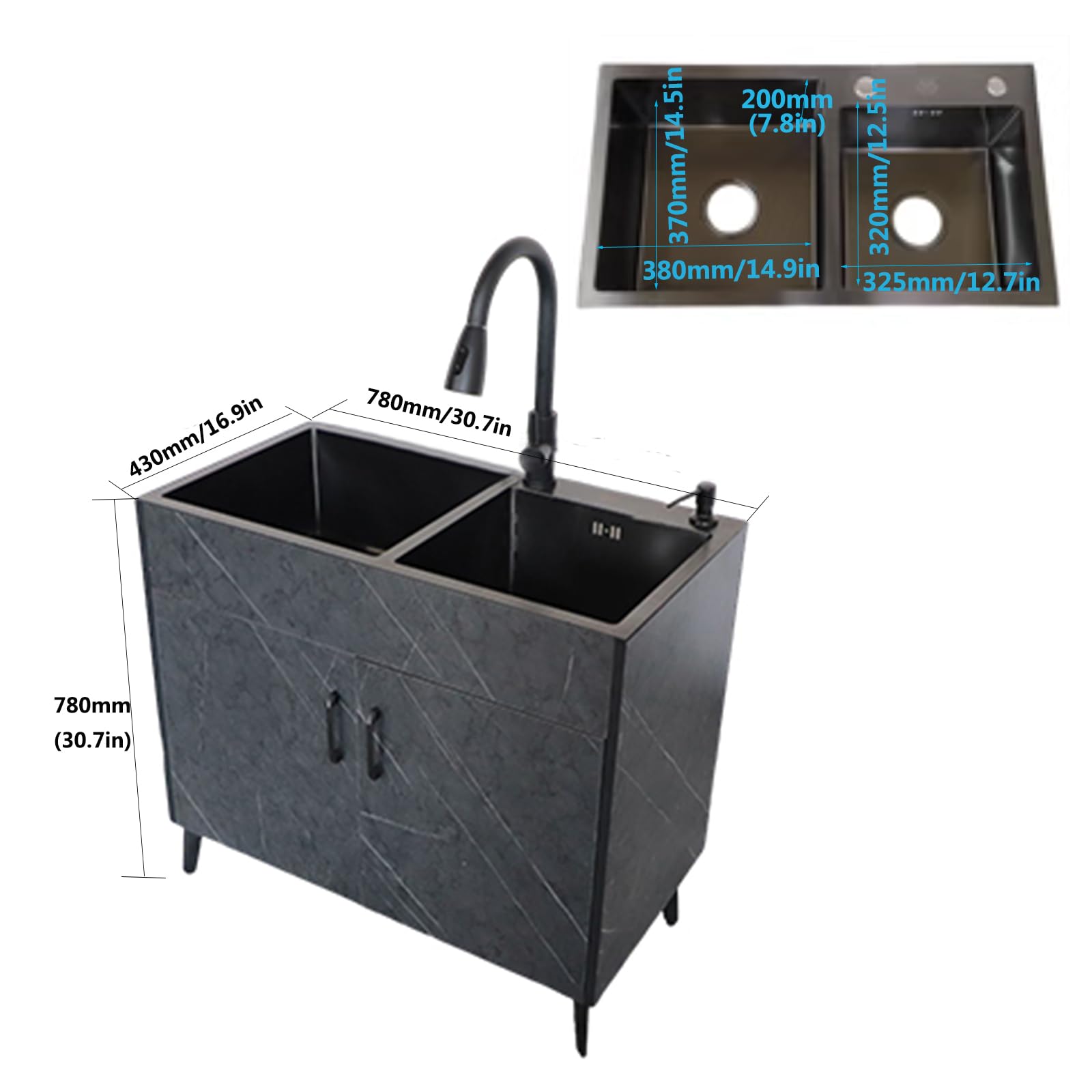 Waschbeckenunterschrank Modern Badmöbel Set Aufbewahrungsschrank + Waschbecken, Badezimmerschrank mit Edelstahl Spülbecken(780X430mm/30.7X16.9in,Black)