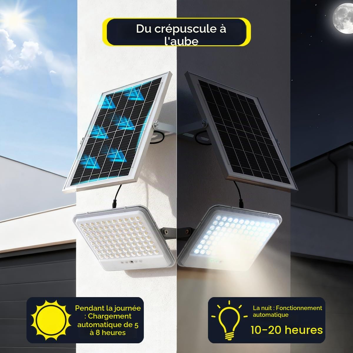 YACAISI Lumières d'inondation solaires extérieures imperméables, 10000Mah solaire alimenté à l'extérieur de la lumière de rue, éclairage commercial de sécurité du crépuscule à l'aube