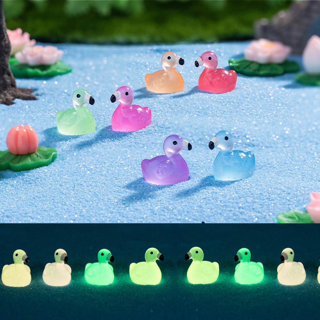 Garedeko Mini Resin Animals 50 Pack Mini Ducks Bunnies Flamingos Turtles Rabbits Chicks Sting Ray Tiny Ducks Little Animals Figures Small Plastic Ducks Variety Pack Luminous Statues Gifts Pink - Image 4