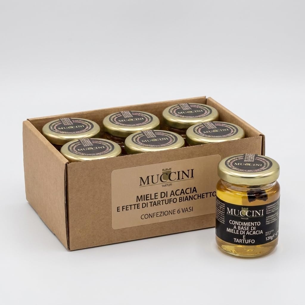 Muccini Miele di Acacia con Fette di Tartufo Bianchetto, Vaso da 90g (Confezione da 6 Vasi)
