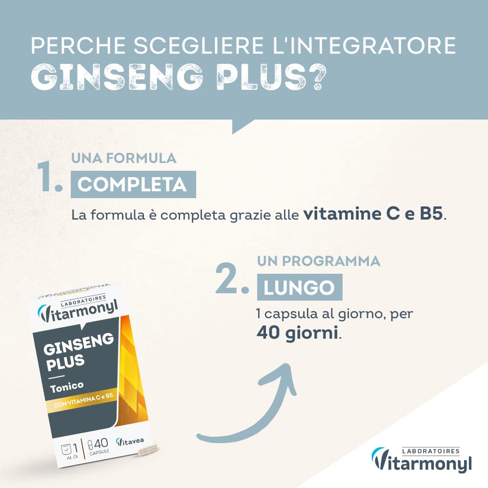 Ginseng Plus - Tonico - Integratore Alimentare a base di Estratto di Ginseng, Vitamina C e B5 - Contro la Stanchezza - Per migliorare le Prestazioni - 40 Capsule - Vitarmonyl
