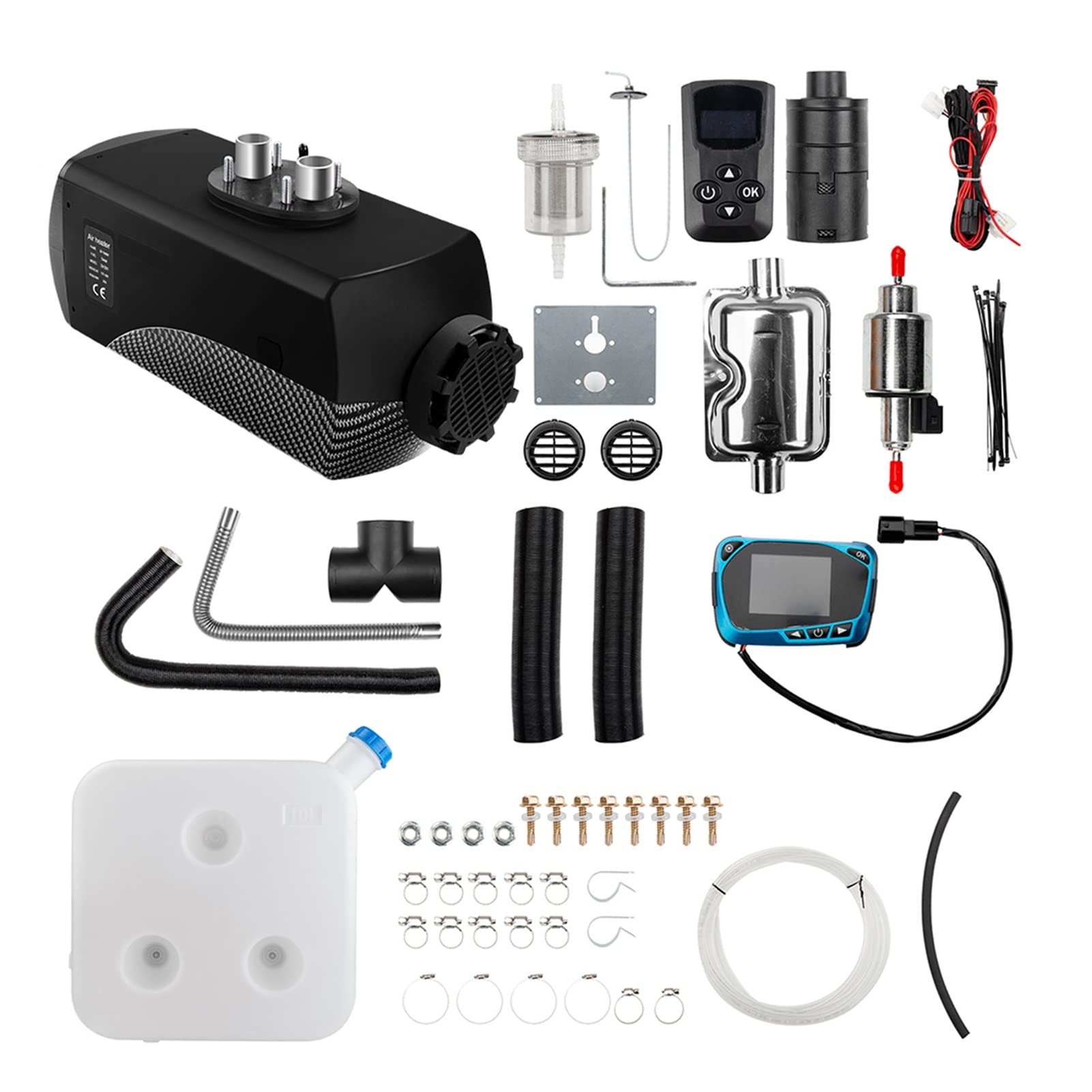 Nagrzewnica samochodowa 8 kW 12 V, 8000 W, z 10-litrowym zbiornikiem, termostatem, kanałem wentylacyjnym i tłumikiem LCD, do kamperów i ciężarówek, maksymalizująca oszczędność paliwa (czarny, nowy
