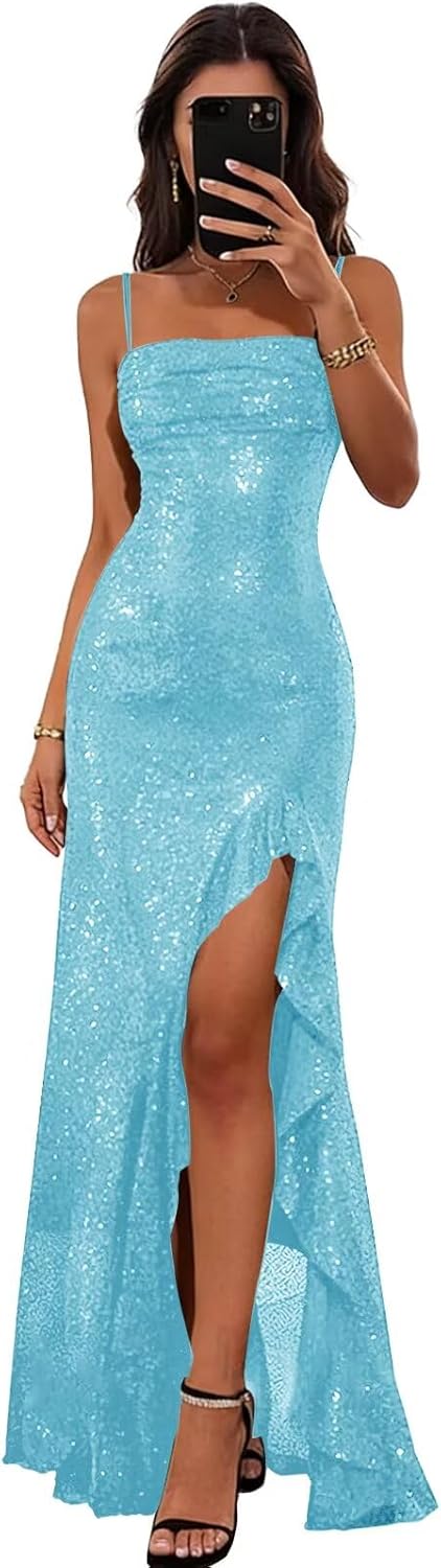 Sparkly Sequin Prom Dresses for Women 2026 Spaghetti Straps Ruffles Corset Pleated Slit Mermaid Evening Dress