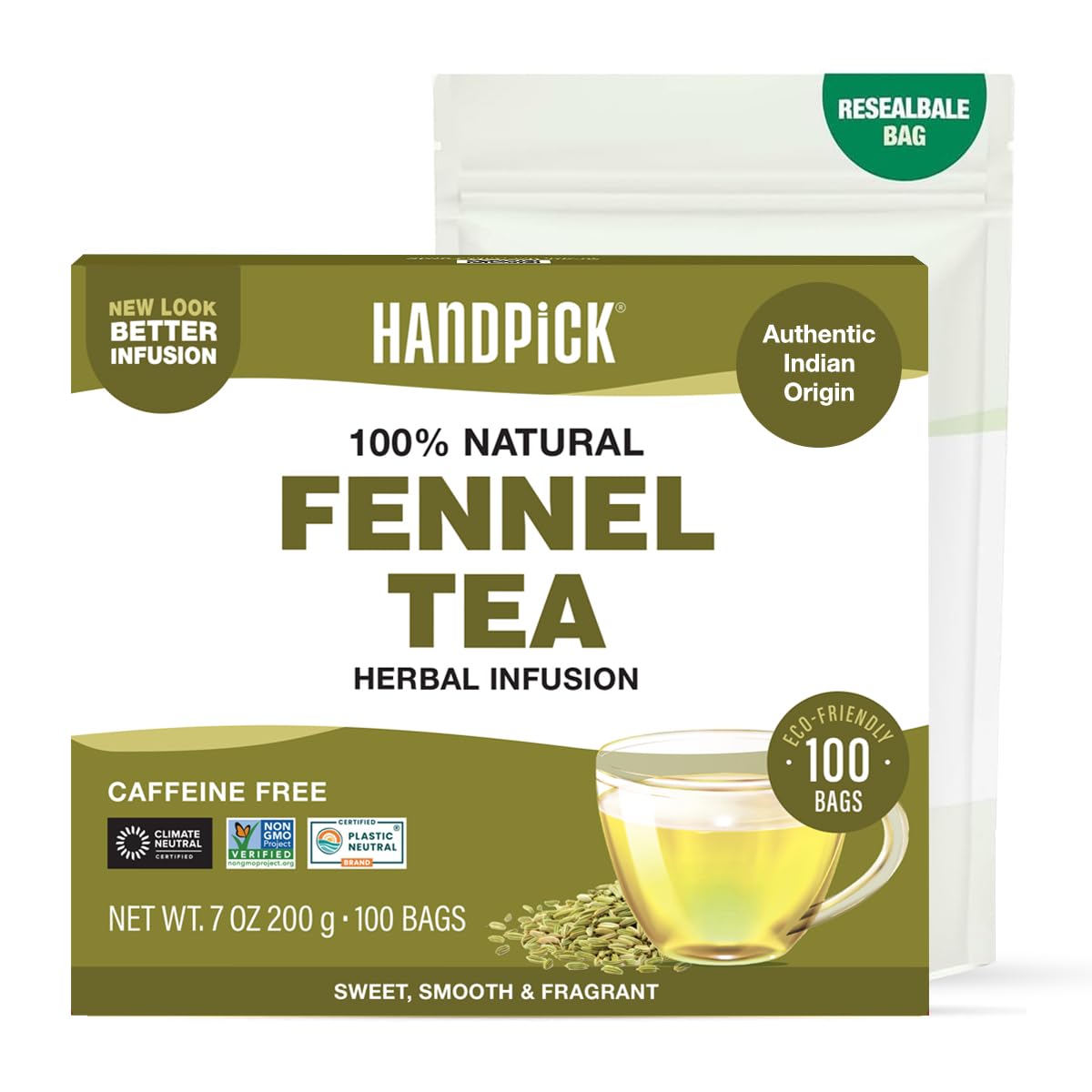 HANDPICK, Premium Fennel Tea Bags (100 Herbal Tea Bags) Caffeine Free, Gluten Free & Non GMO | Round Eco Conscious Tea Bags | Smooth & Sweet
