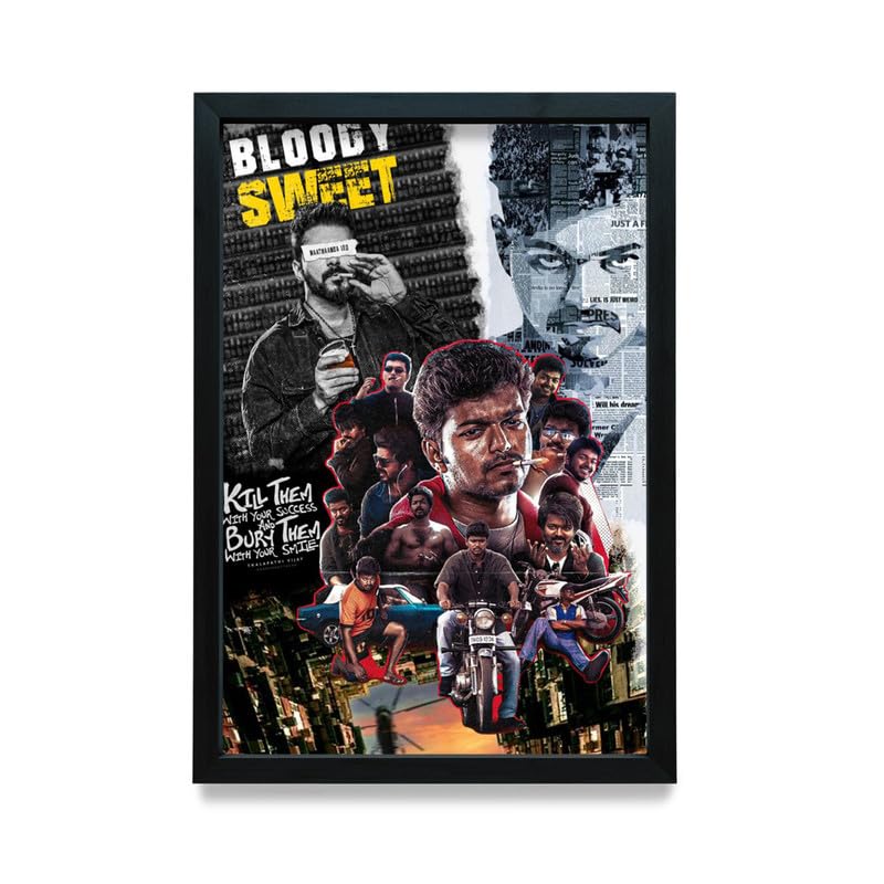 Vijay Bloody Sweet Leo Movie Photo Frame | Actor Vijay Career Collage Poster A4 | Vijay Action Wall Decor | Thalapathy Vijay Framed Poster Art-image-45