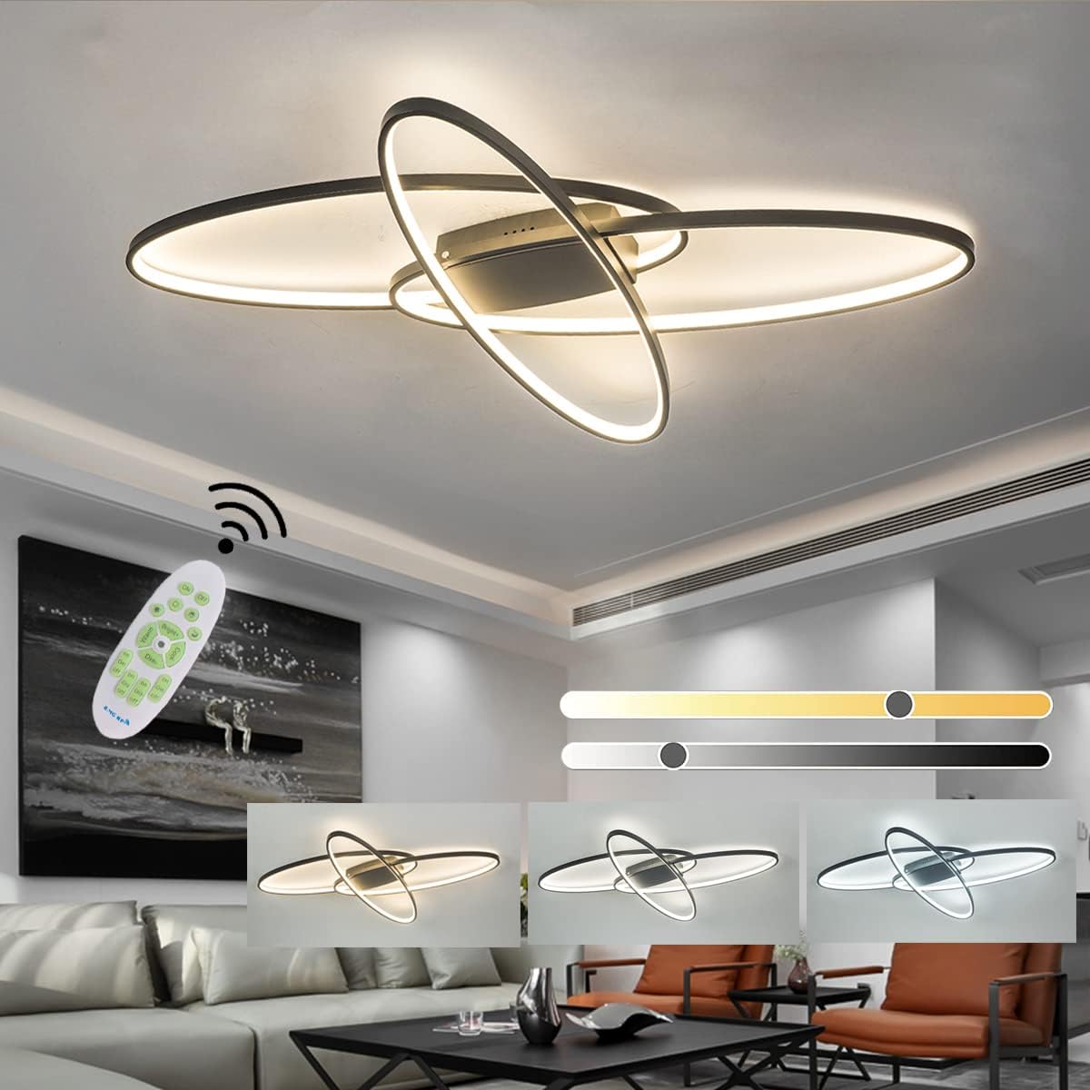 Lanekde Ledシーリングライト リモコン付き 無段階調光調色 照明器具 天井 Ledライト 天井照明 間接照明 おしゃれ 北欧 シーリングライト8畳 12畳 居間用 寝室 照明 天井ランプ 明るさメモリー 省エネ 電灯 常夜灯 モダン 3楕円形デザイン 装飾的なランプ 高級 和室用