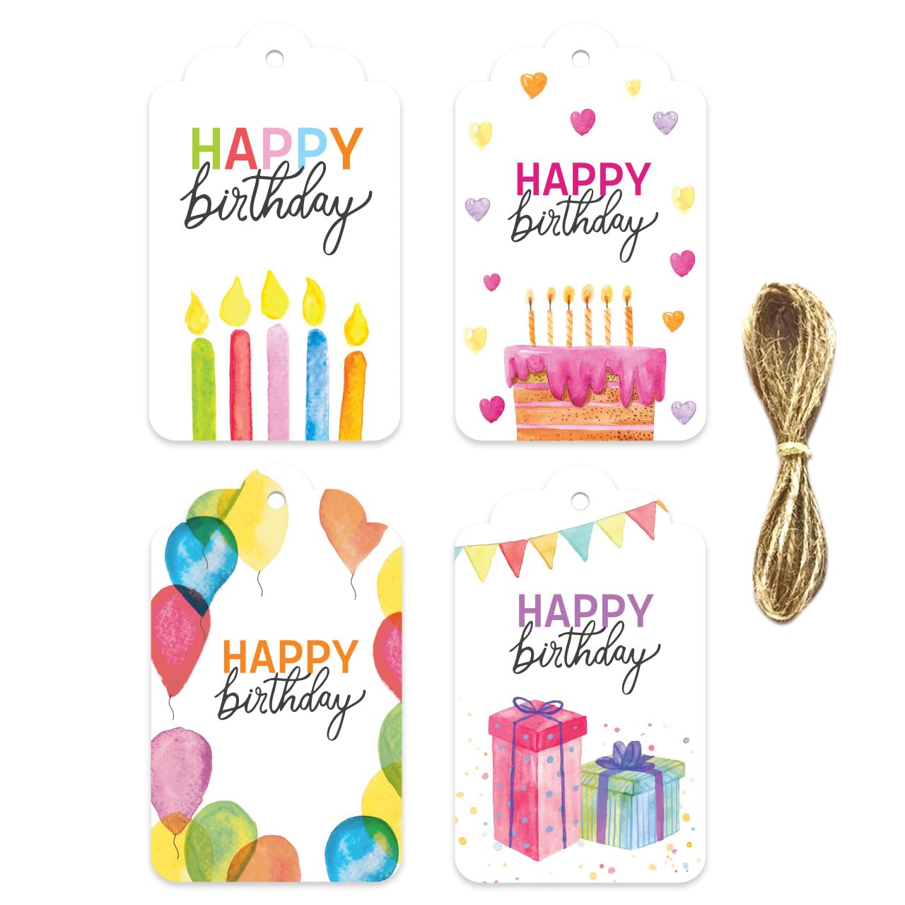 weRevel Happy Birthday Gift Tags, 20 Premium Colourful Tags with String, 4 Unique Designs – Candles, Cake, Balloons & Gifts -350 GSM, 10x6 cm-image-31