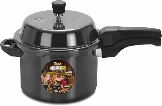 JIAA Hard Anodised Pressure Cooker, 5.0 Litre Capacity, Black - Deep Lid Design for Spillage Control, Compatible with Indu...