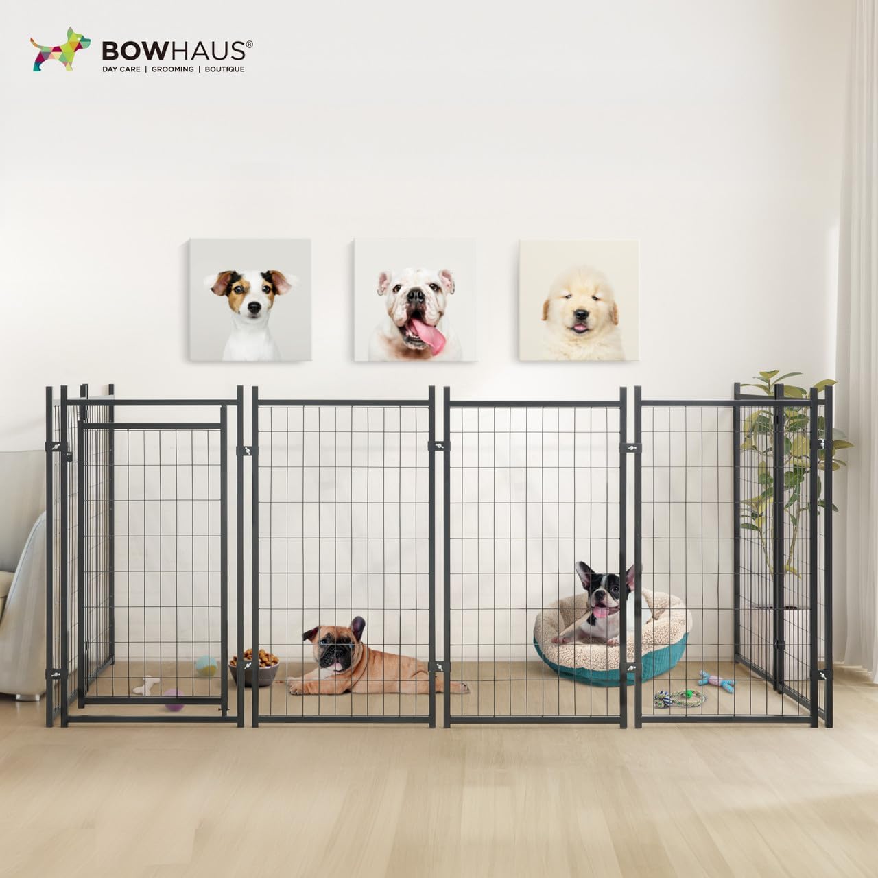 BOWHAUS 47.2” Heavy Duty Outdoor Dog Kennel w/Removable Grey Canopy Roof, Outside Dog Run with Water-Resistant & Anti-UV Roof, Ground Stakes, Steel Frame Playpen for Indoor, Outdoor, Home, Backyard
