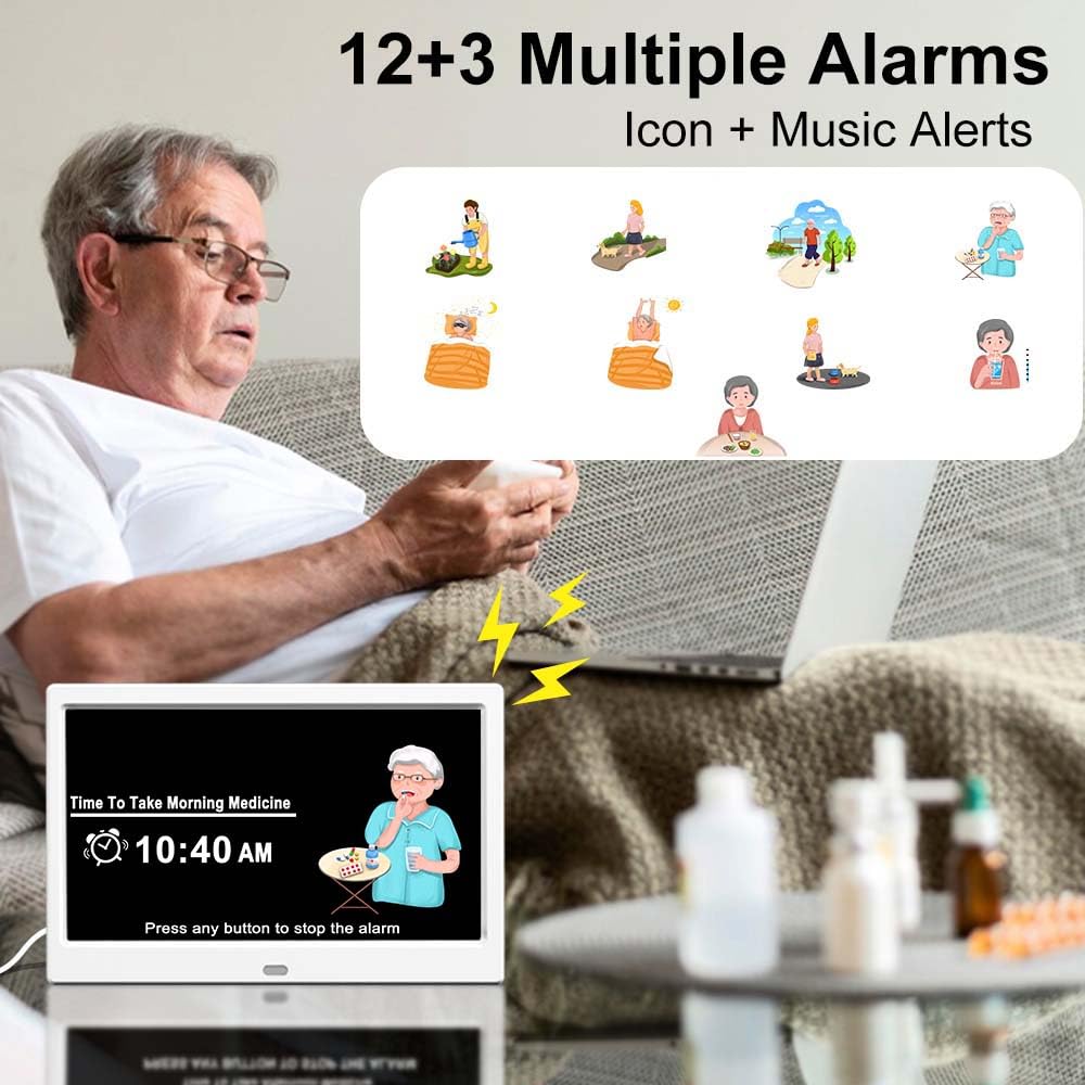 CAZOKASI Reloj digital con fecha y día de la semana para ancianos, 15 alarmas, recordatorio de medicamentos, demencia, Alzheimer, calendario con pantalla extragrande (blanco, 10.1 pulgadas)