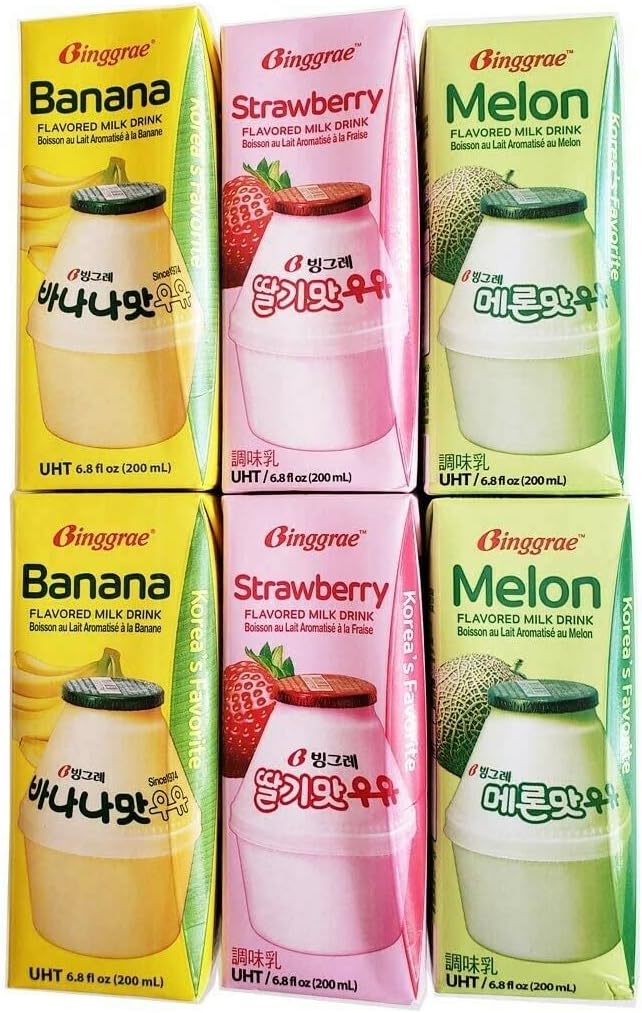Binggrae Variety Banana, Strawberry, Melon Flavored Milk Drink 6 Packs