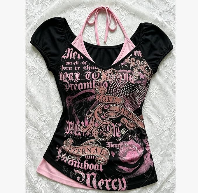Image of Kawaii Cutecore Harajuku Vintage Y2k 2000s Tops Summer Goth Emo Alt Short Sleeve Graphic Tee