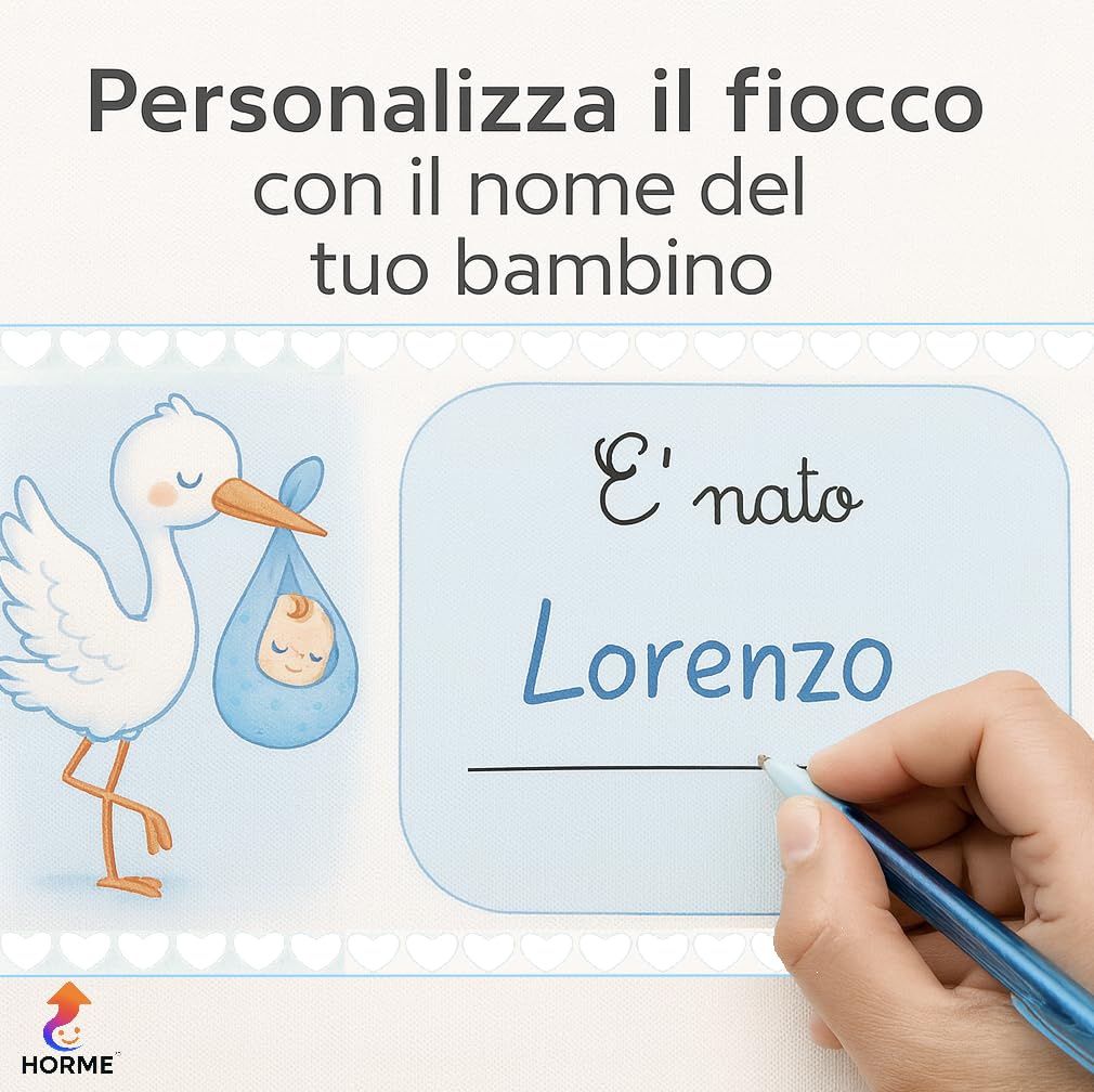 Horme Fiocco Nascita Bimbo Azzurro “Sono Arrivato” in Tulle di Alta qualità, Personalizzabile con Nome – Coccarda Nascita Neonato per Decorazione Porta o Cameretta 40×18 cm