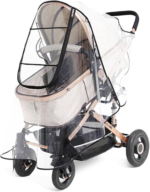 Universal Rain Cover for Pushchair Stroller, Food Grade EVA, Large Rain Cover for Pushchair Pram with Zip Water Resistant and Durable Transparent Baby Travel Weather Shield Fit Most Strollers (Black)