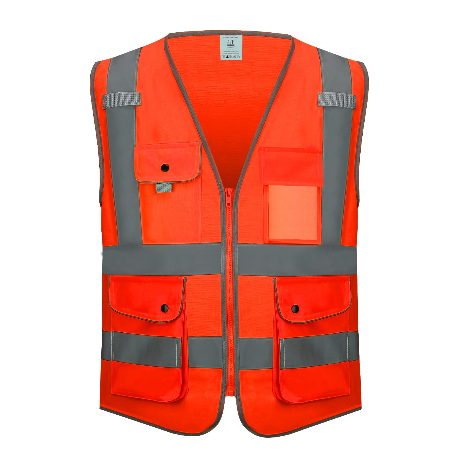 KANMORE Safety Vest - High Vis Orange/Yellow, EN ISO 20471, 7 High Visibility Snap-Button Pockets, Reflective & Washable for Construction and Personal Safety
