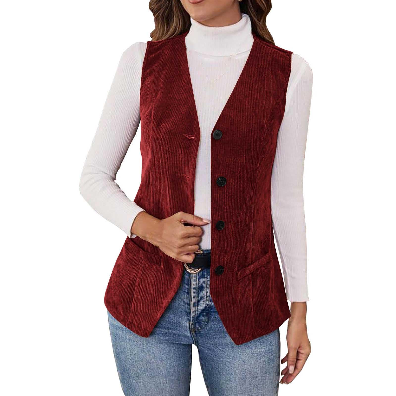 Casual Corduroy Vest for Women Button Down Versatile Sleeveless V Neck Outerwear Dressy Waistcoat with Pockets