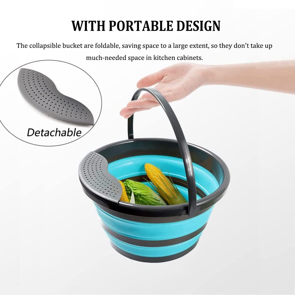 DUNAKE Faltbarer Eimer Camping, Putzeimer Mit Griff, Faltbare Silikon Eimer, Zusammenklappbares Waschbecken, Faltbares Waschbecken Mit Abnehmbarem Sieb Für Gemüse, Obst (Color : Green, Size : 5L)
