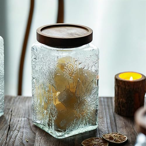 Miniatura 4 de ANSQU - Tarro de almacenamiento de vidrio vintage, recipiente de almacenamiento de vidrio con tapa de madera hermética para encimera de cocina,
