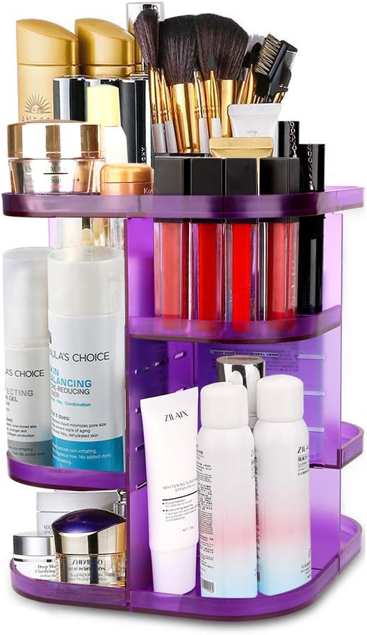 360 Rotating Makeup Organizer - DesignSter Premium Acrylic Large Capacity Cosmetic Storage Display Stand Holder/ DIY Adjustable Clear Purple Make Up Square Shelf Rack, Best for Countertop, Bathroom