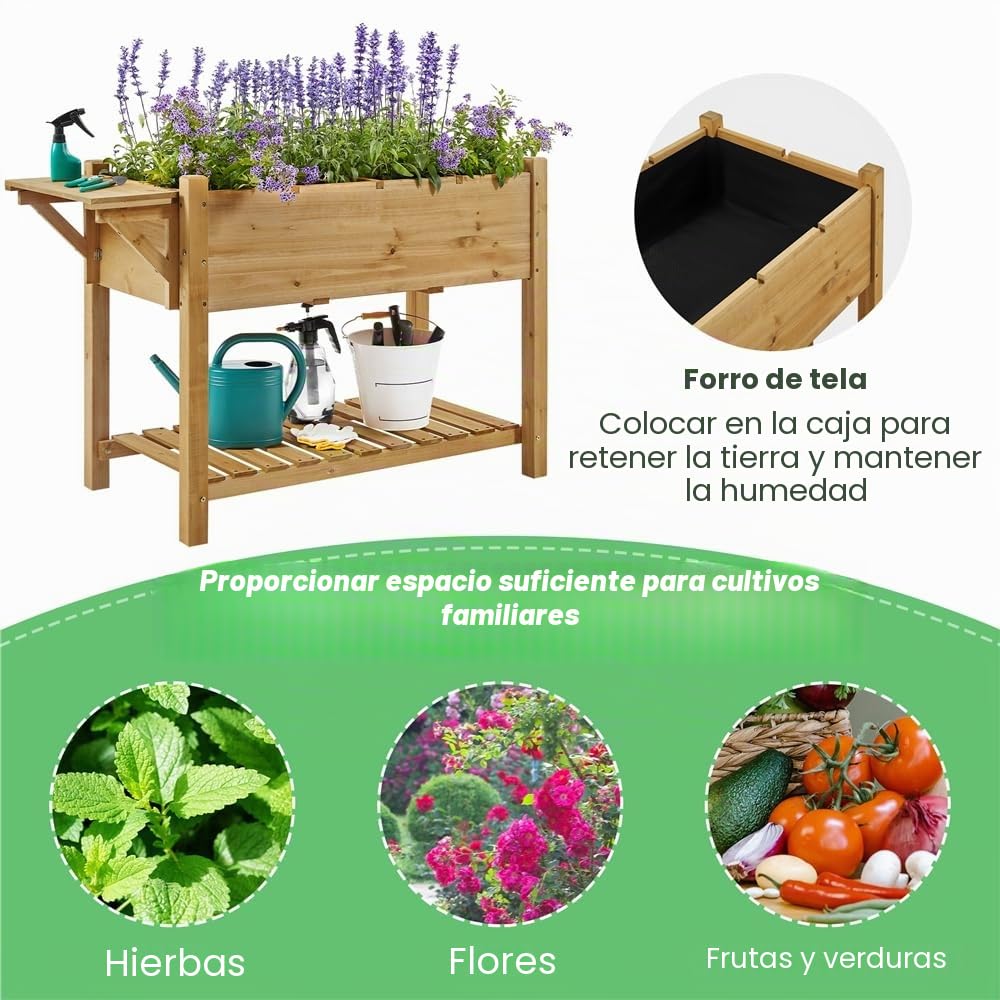 Yaheetech Huerto Urbano con Estante 123,5x54x80cm Macetero Jardinera Elevada de Madera Abeto con Rejillas de Cultivo Extraíbles y Forro Interior de Tela para Jardín/Terraza/Balcón Marrón Claro