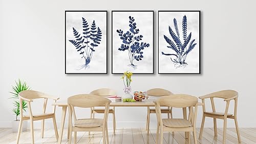 Miniatura 4 de Arte de pared botánico enmarcado grande  Decoración de pared de hojas azul marino de 20 x 28 pulgadas, juego de 3 impresiones artísticas