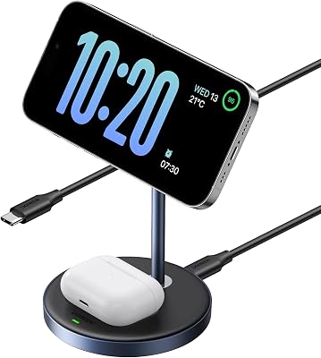 UGREEN MagFlow Cargador Inalámbrico 2 en 1, Estación de Carga Magnética para Airpods, Soporte para Móvil Compatible coniPhone 17 Pro MAX Air/16/15/14/13/12 Series, AirPods Pro 2/3