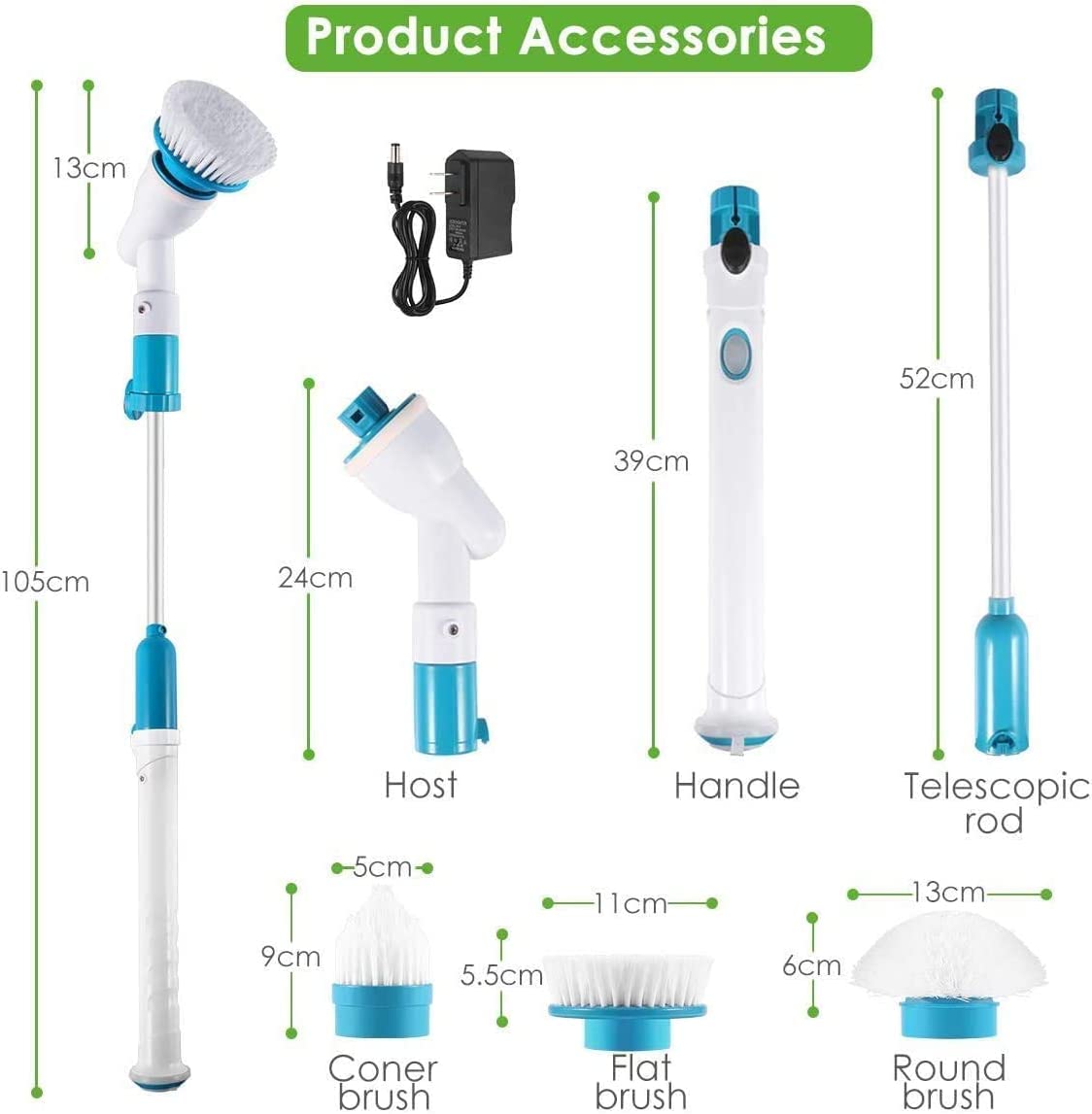 Spin Scrubber, 360 Cordless Tub and Tile Scrubber, Multi-Purpose Power Surface Cleaner with 3 Replaceable Cleaning Scrubber Brush Heads, 1 Extension Arm and Adapter