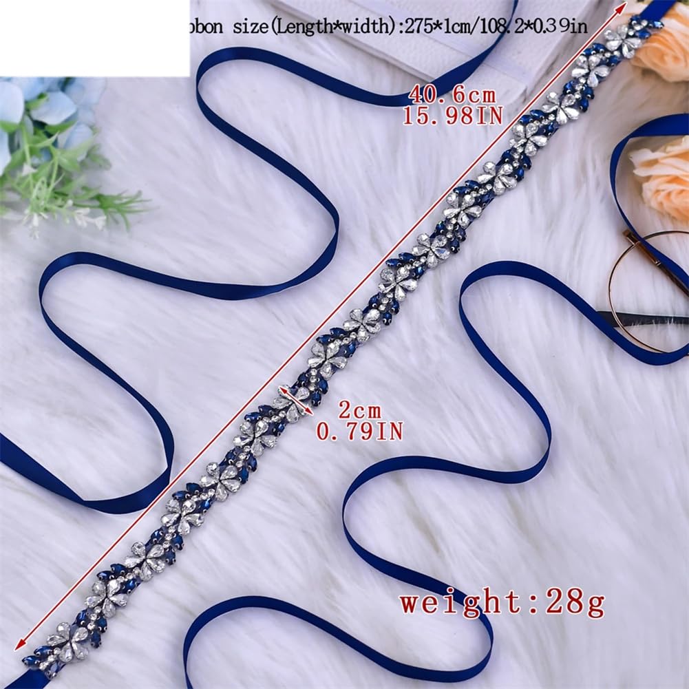 Cinturón fino para novia, color azul marino, con diamantes de imitación, para vestido de banquete, accesorios de boda