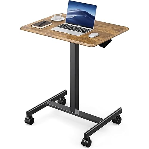 DUMOS Small Standing Desk Mobile Portable Rolling Laptop PC Table on Wheels Adjustable Height Computer Workstation for Home Office, 19 Inch, Brown
