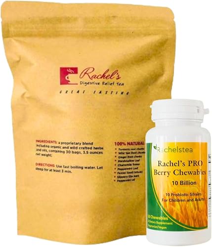 Cúrcuma ñame silvestre, jengibre, malvavisco, manzanilla, menta, olmo resbaladizo de hinojo + probióticos con sabor a bayas, masticables aptos para