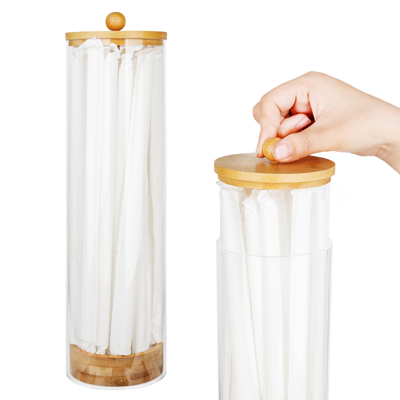 Acrylic Straw Holder, 13 Inch Tall Drinking Straw Dispenser for Counter with 20 Clear Plastic Straws in White Pack, Retro Reusable Storage Organizer with Bamboo Lid for Kitchen Supplies
