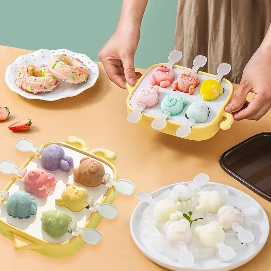 6 Grid Silicone Popsicle Mold, Cute Animal Ice Pop Molds, Popsicle Maker with Reusable Sticks, Easy Release Ice Cube Tray with Lid, for DIY Homemade Summer Ice Cream Lollipop (Yellow)