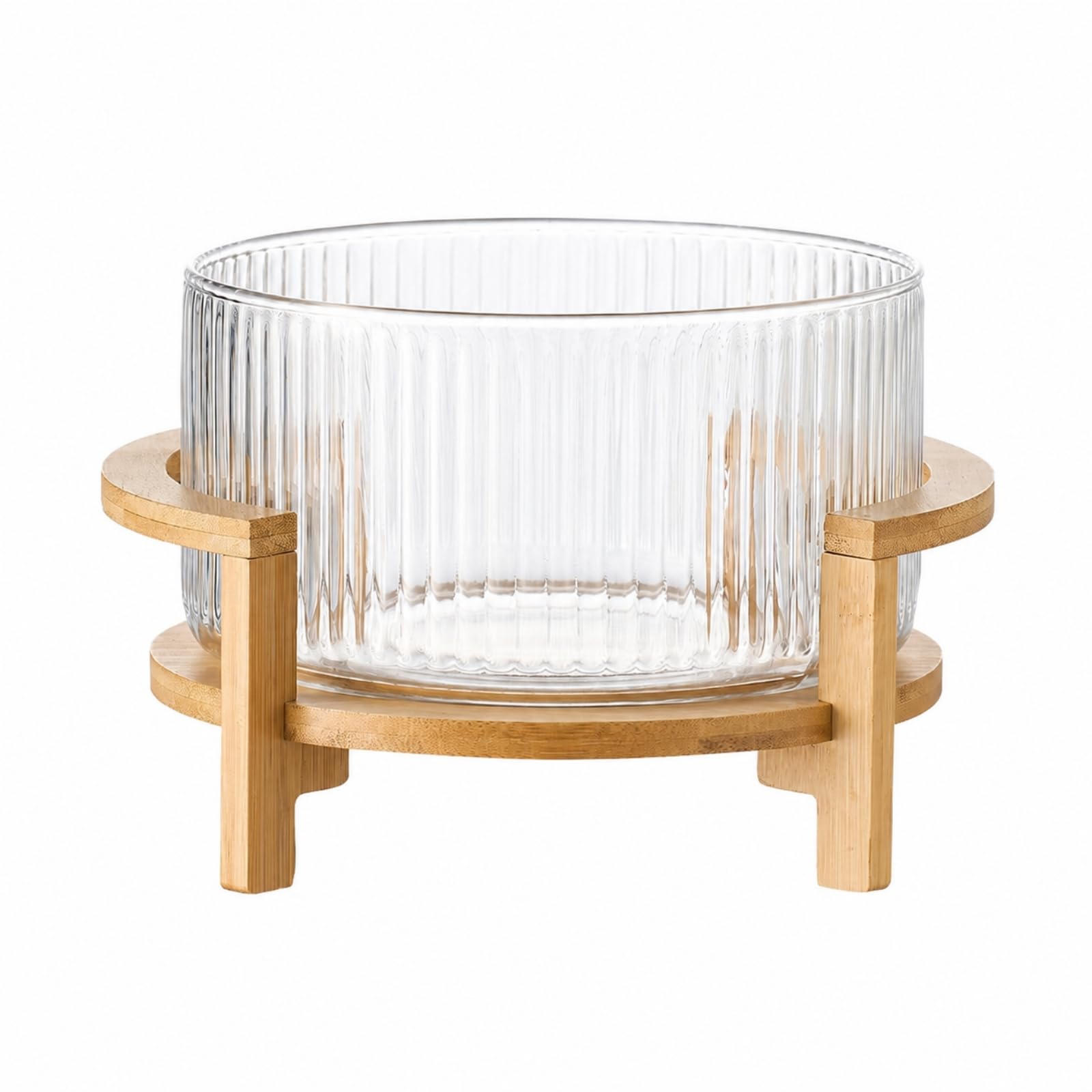 Cuenco con Pedestal Versátil Ensaladera | Elegante, Tazón Vidrio con Soporte Madera, Moderno, para Comedor, Bufé, anfitrionas, M, Rayas Sin Tapa