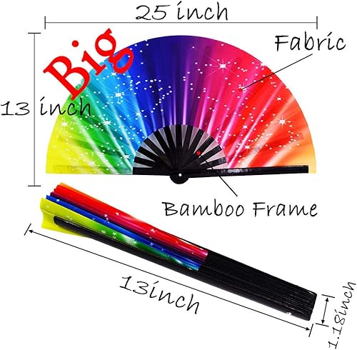Miniatura 2 de meifan Abanicos de mano Rave para mujereshombres, ventilador de mano chino japonés de bambú de 13 pulgadas y tela de nailon para actuación,