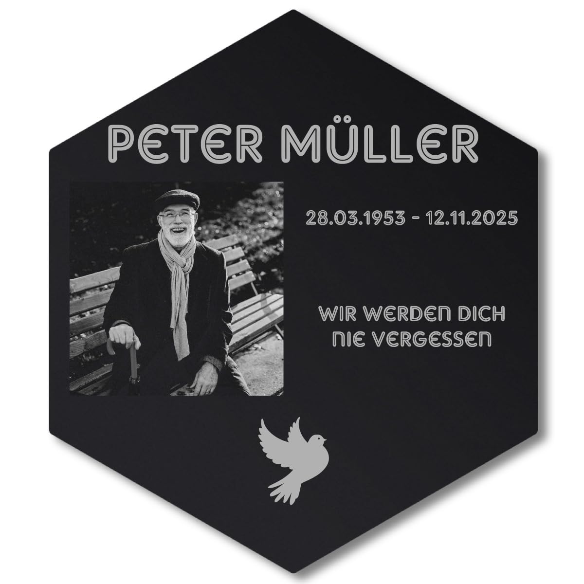 Personalisierter Sechseck Grabschmuck mit Foto Gravur - Acrylglas Schwarz Hochglanz 260 x 300 mm - wetterfest und wasserfest für Draußen und Innen, für Opa, Oma, Mama, Papa und Verstorbene