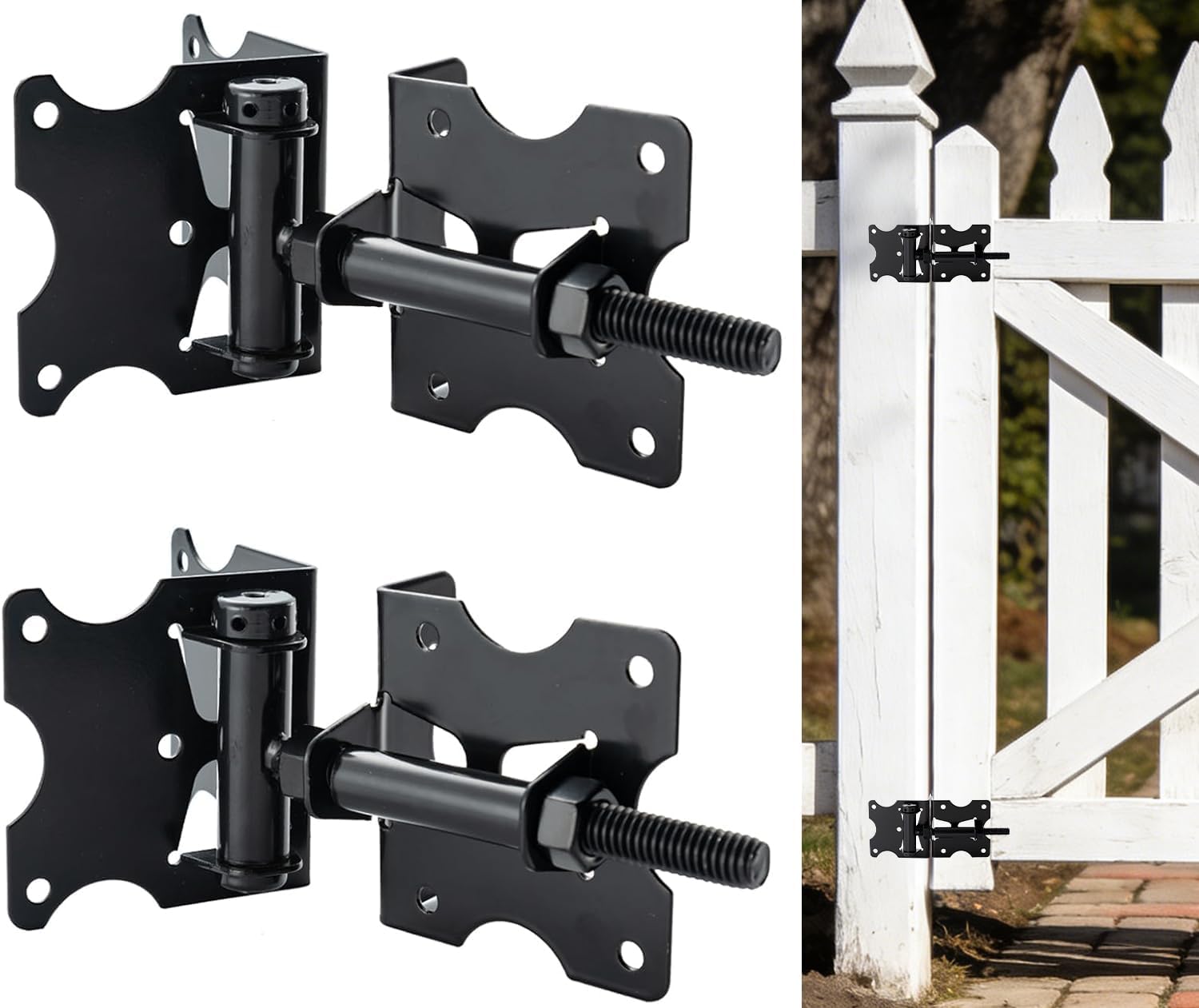 Heavy Duty Self-Closing Gate Hinges, 90° Adjustable with Tool, for Vinyl/Wood Fences up to 100lbs, 2-Pack Black by HOME MASTER HARDWARE
