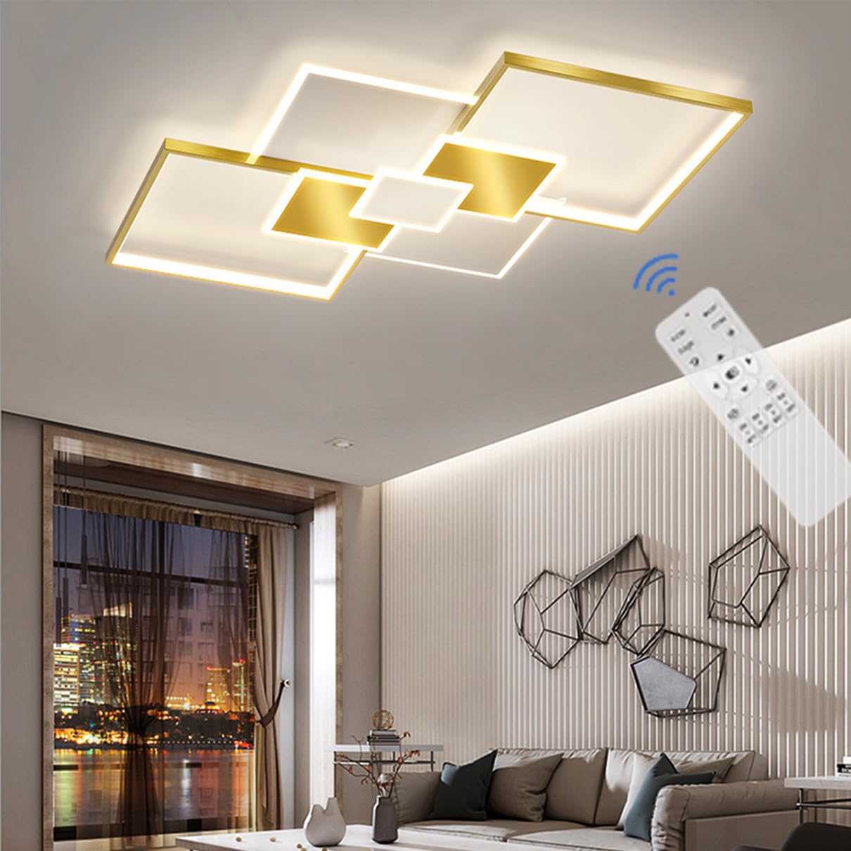 Lxysy Plafoniera LED soffitto dimmerabile Plafoniere soggiorno Plafoniere per camera da letto, per soggiorno, sala da pranzo, cucina, ufficio (Bianco + Oro, L110CM)