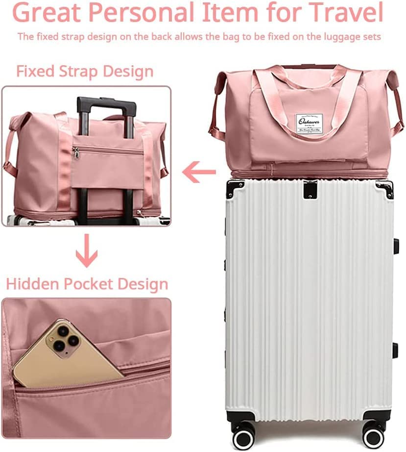 Image of HAKKU Large Capacity Folding Travel Tote Bag, Oxford Fabric Waterproof Lightweight Foldable Travel Duffel Bag Portable Expandable Travel Bag, Dry and Wet Carry On Bag (Modern, Peach)