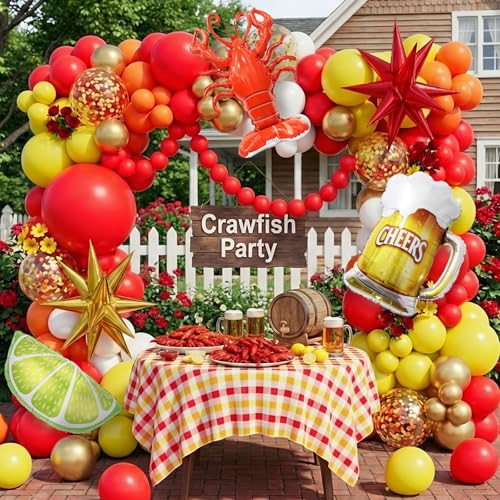 Crawfish Boil Balloon Arch Kit 157PCS Crawfish Beer Lemon Foil Balloons with Red Yellow Gold Latex Balloons Seafood Crawfish Party Decorations for Crawfish Boil Birthday Summer BBQ