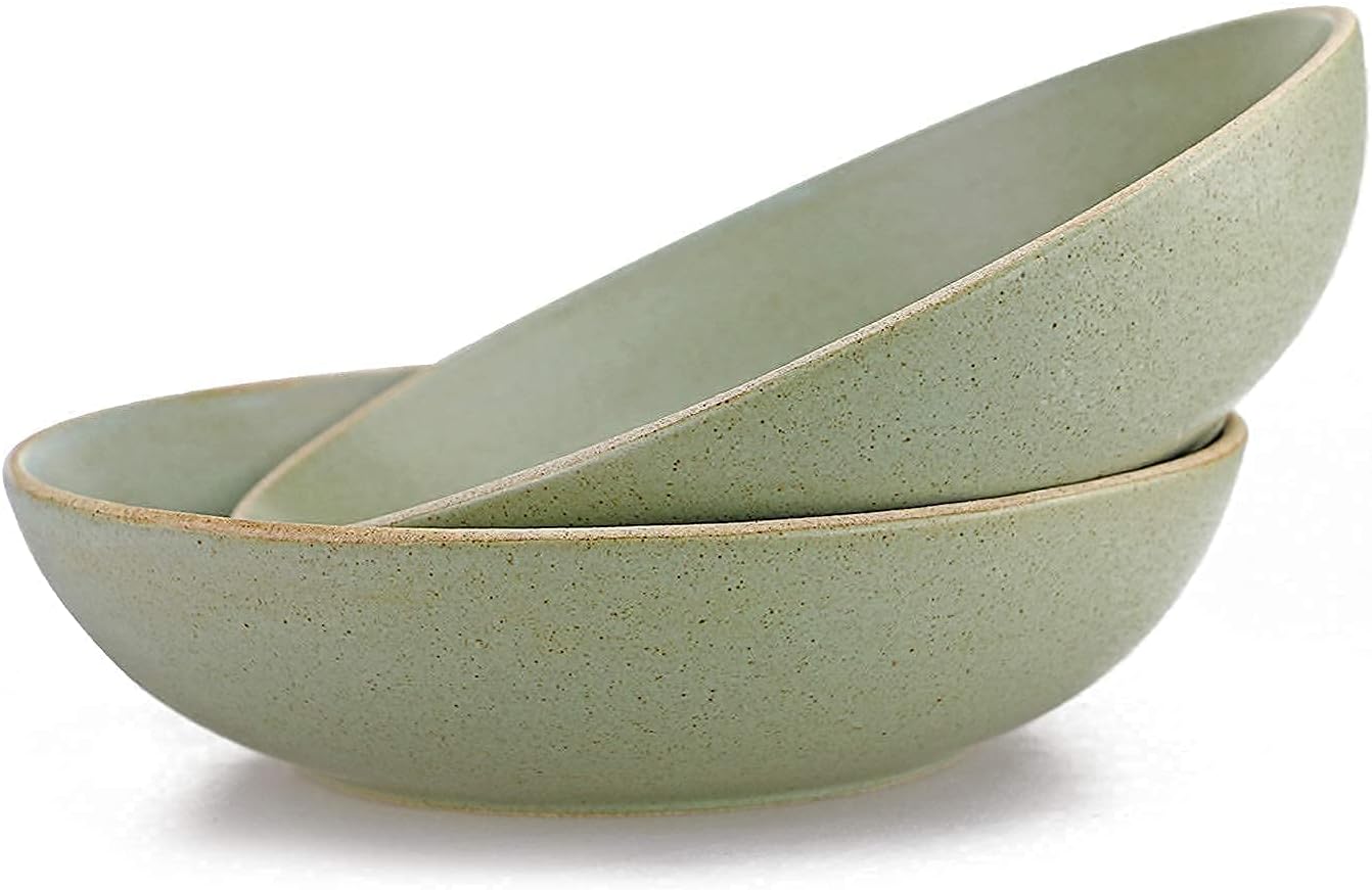 STAR MOON Pasta Bowls 30 Ounce Ceramic Large Serving Bowls Stoneware Retro Salad Bowls Bowls Irregular Shaped Speckled Microwave Dishwasher Safe, Set of 2 (Matt Jade)