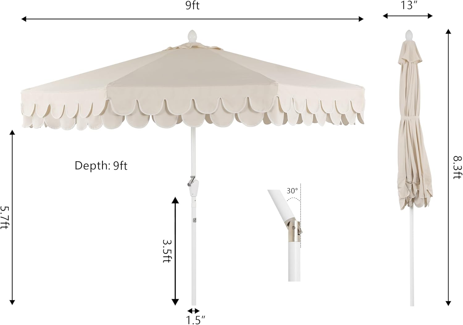 JONATHAN Y UMB1002C Tracy 9 ft. Classic MidCentury Scalloped Fringe Market Patio Umbrella with Auto-Tilt, Crank, Wind Vent and UV Protection in Cream/White