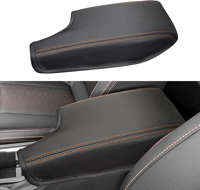 Capa de couro para apoio de braço do console central INTGET Subaru Crosstrek e Impreza – Costura laranja