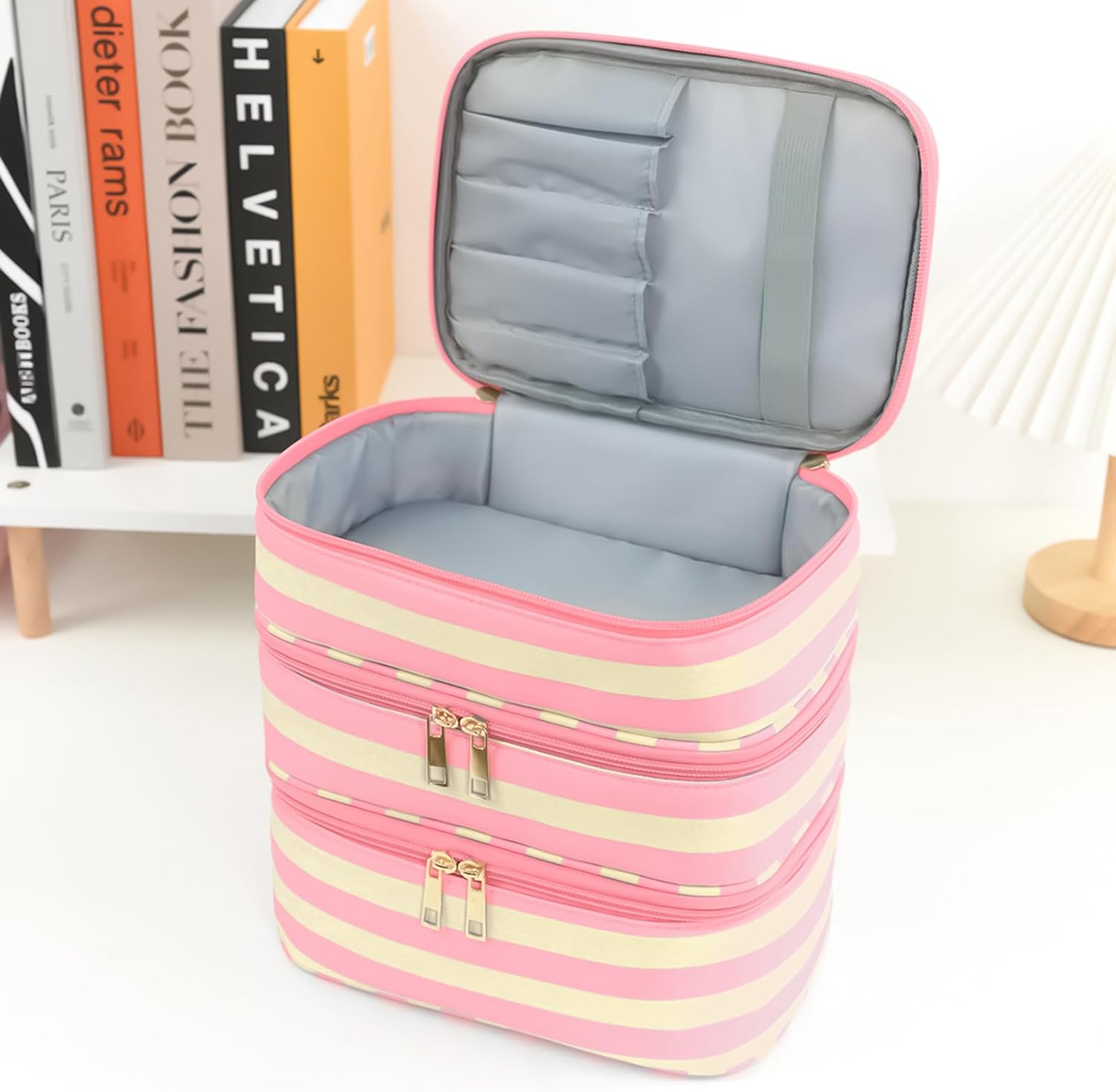 Three Layer Makeup Bag for Women Fashion Stripes Cosmetic Bag Preppy Style Travel Water-Resistant Toiletry Bag for Storage Toiletries Cosmetics Sets for Women Teen Girls Pink - Image 6